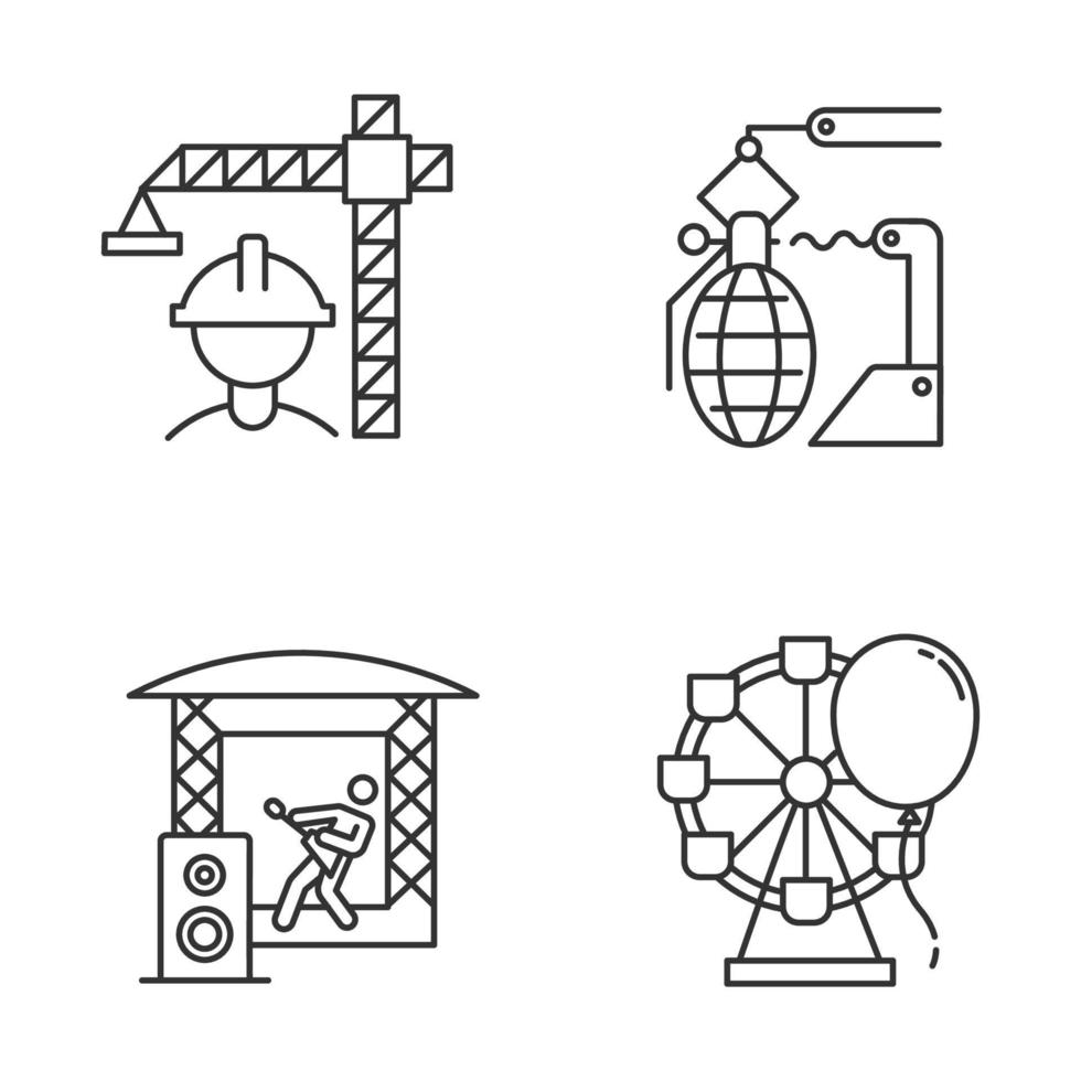 Industrietypen lineare Symbole gesetzt. Bau, Waffen, Musik, Unterhaltungswirtschaft. geschäftliche Aktivitäten. dünne Linienkontursymbole. isolierte Vektorgrafiken. bearbeitbarer Strich vektor