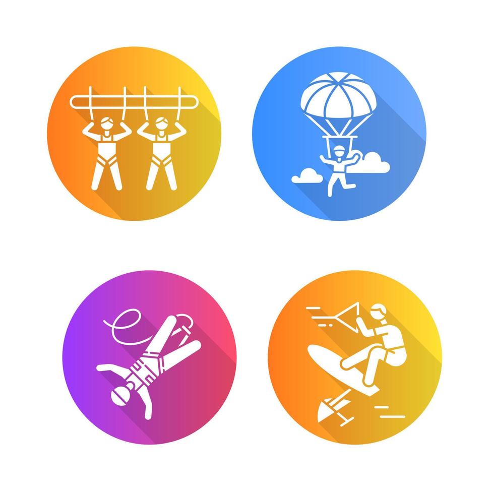 luft extrema sporter platt design lång skugga glyph ikoner set. jättegunga, fallskärmshoppning, bungyjump och wakeboard. utomhus aktiviteter. adrenalinunderhållning. vektor siluett illustration