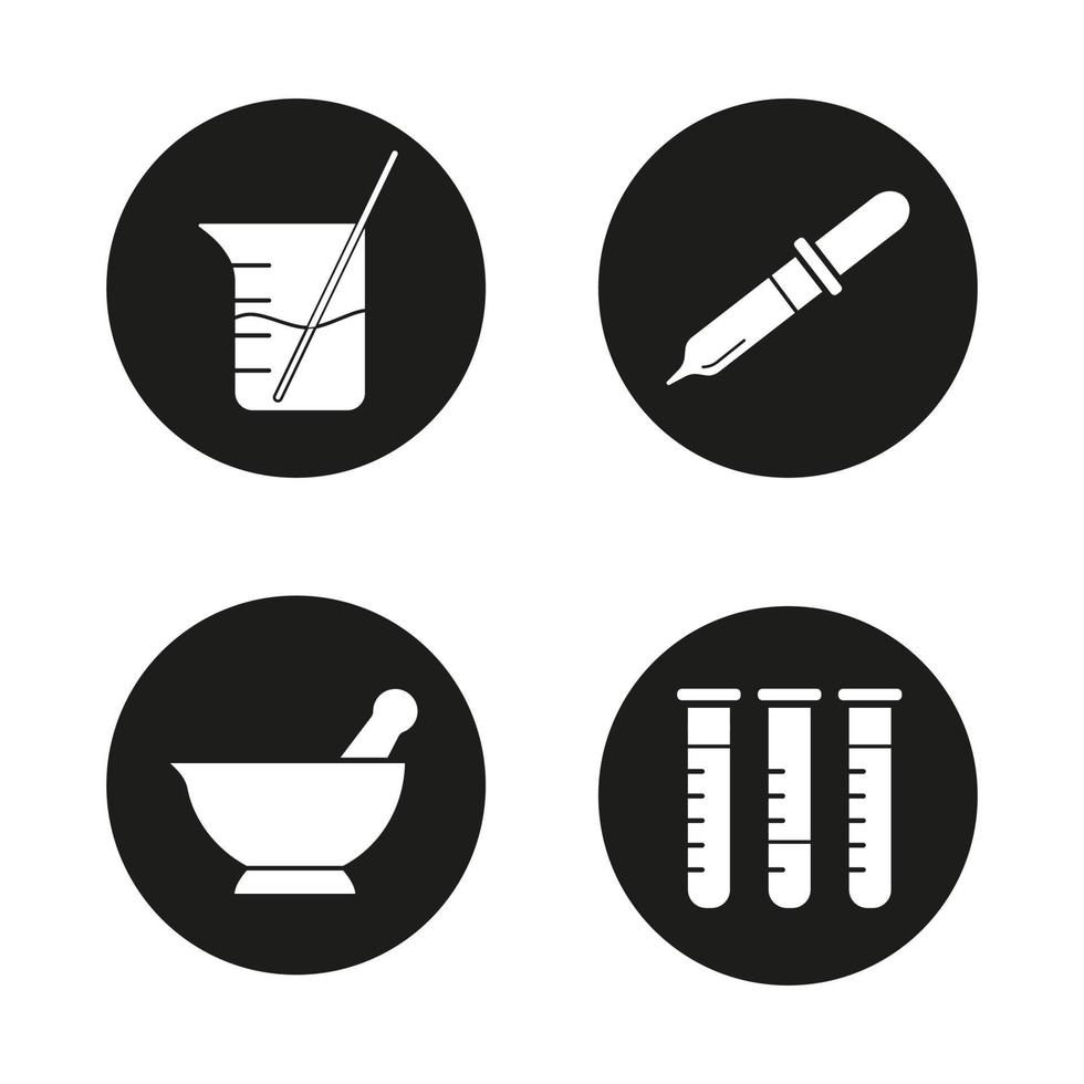 chemische Laborsymbole gesetzt. Becher mit Stab, Pipette, Mörser und Stößel, Reagenzgläser. weiße Vektorgrafiken in schwarzen Kreisen vektor