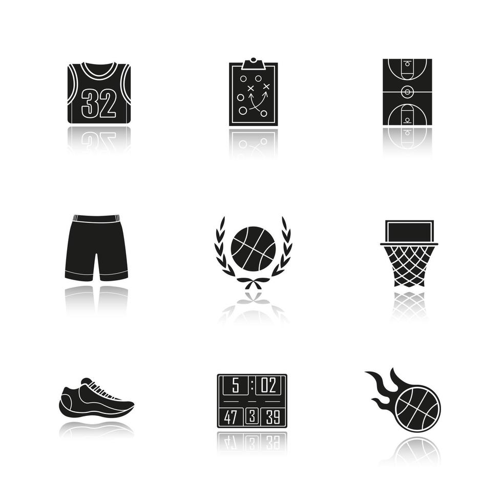basket skugga svarta ikoner set. basketuniform, brinnande boll, resultattavla, plan, båge och sneaker. isolerade vektorillustrationer vektor