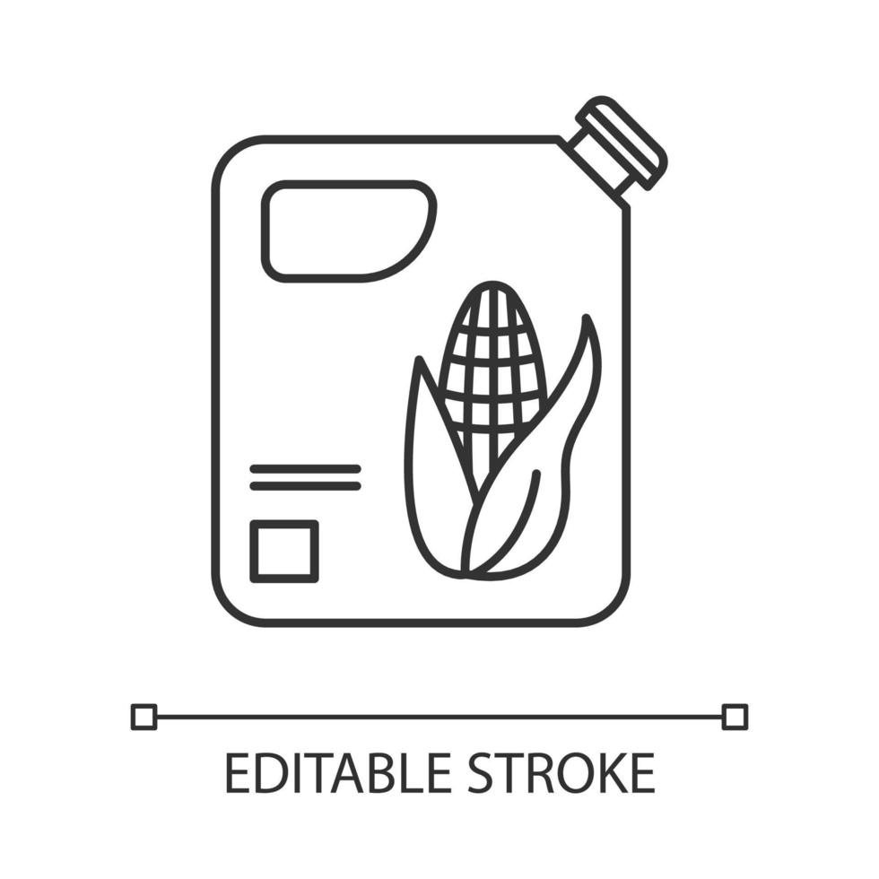 Plastikflasche Maisöl lineares Symbol. organische Chemie. Pflanzenöl. Mais-Ethanol. Benzin ersetzen. dünne Linie Abbildung. Kontursymbol. Vektor isolierte Umrisszeichnung. bearbeitbarer Strich