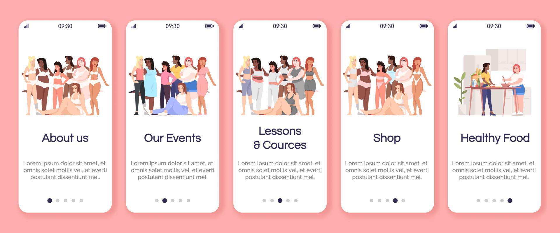 Körper positives Onboarding der mobilen App-Bildschirmvektorvorlage. Veranstaltungen, Unterricht und Kurse. gesundes Essen. Walkthrough-Website-Schritte mit flachen Zeichen. ux, ui, gui Smartphone-Cartoon-Schnittstellenkonzept vektor