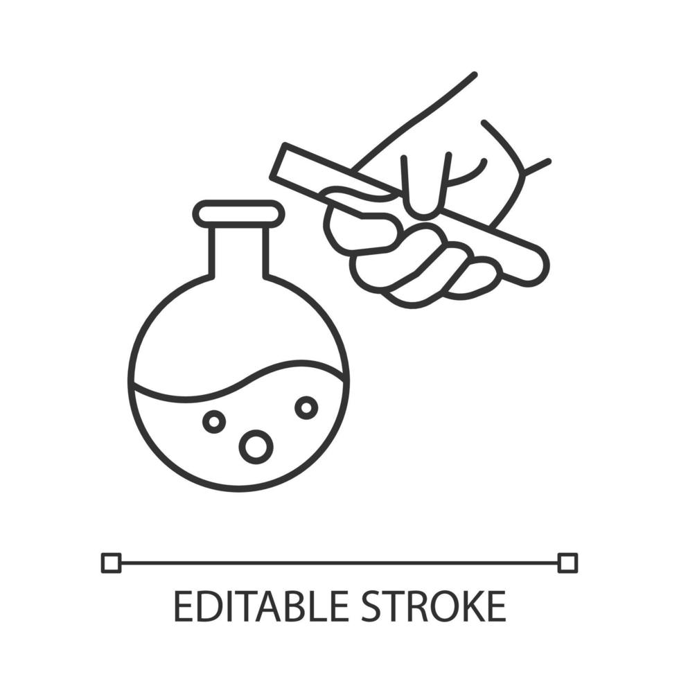 Lineares Symbol für Flüssigkeitsflasche und Reagenzglas. organische Chemie. Experiment durchführen. Chemikalien mischen. dünne Linie Abbildung. Kontursymbol. Vektor isolierte Umrisszeichnung. bearbeitbarer Strich