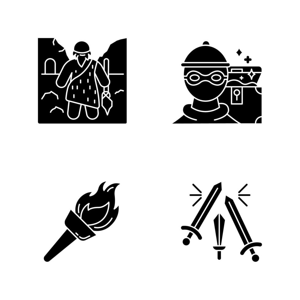 arkeologi glyf ikoner set. förhistorisk man. grottman. plundrande. skattjakt. flambeau. flammande ficklampa. fyr. svärdfight. vapen kolliderar i strid. siluett symboler. vektor isolerade illustration