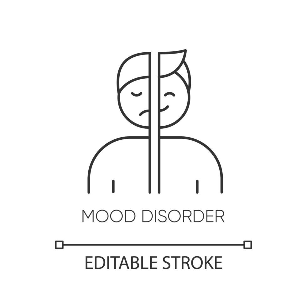 linjär ikon för humörstörning. maniska, depressiva episoder. dystymi, cyklotymi. känslomässig svängning. mental hälsa. tunn linje illustration. kontur symbol. vektor isolerade konturritning. redigerbar linje