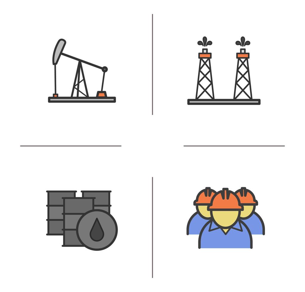 Ölindustrie Farbsymbole gesetzt. Ölpumpenheber, Bohrinsel, Fässer und Industriearbeiter. isolierte Vektorgrafiken vektor