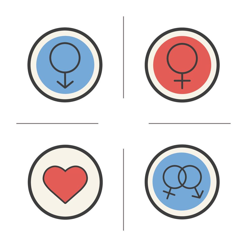 könssymboler färgikoner set. mars och venus emblem, hjärta och sammankopplade manliga och kvinnliga tecken. älskar vektor isolerade illustrationer