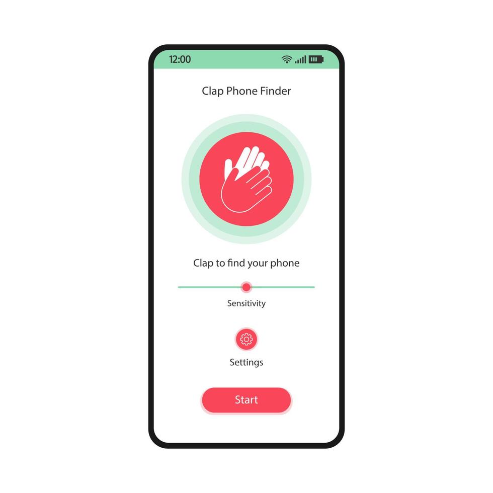 klatschen Sie die Vektorvorlage für die Telefonfinder-Schnittstelle. weißes Design-Layout der mobilen Dienstprogramm-App-Seite. Smartphone-Standortsuche Anwendungsbildschirm flache ui. Empfindlichkeitsskala, Einstellungen, Startknopf auf dem Display vektor