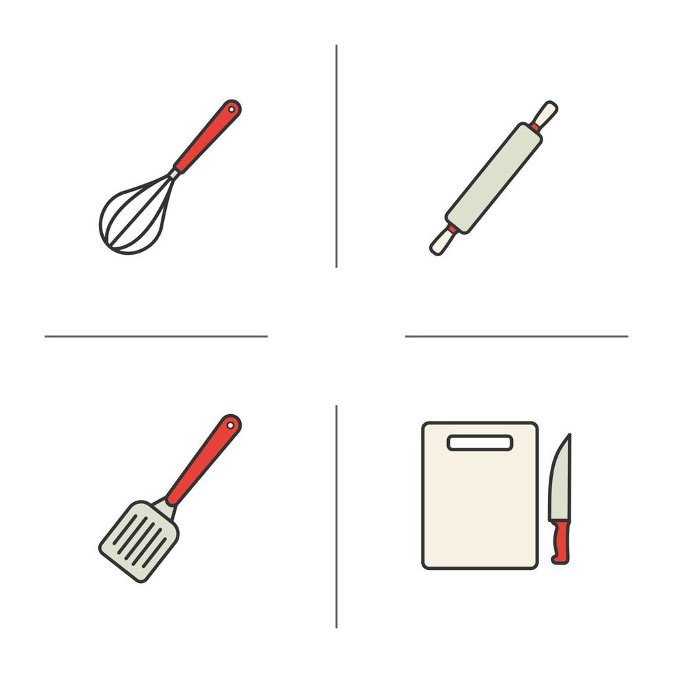 köksinstrument färg ikoner set. matlagningsredskap. visp, kavel, spatel och skärbräda med kniv. vektor isolerade illustrationer
