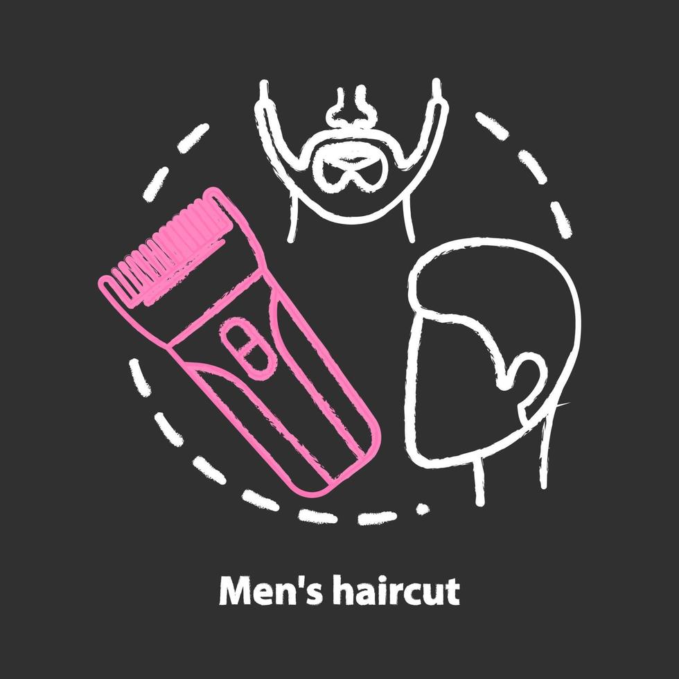 Männer Haarschnitt Kreide Konzept Symbol. Friseursalon Idee. Haarpflege und Behandlung. Friseur, Bartpflege. Friseursalonausrüstung, Friseurwerkzeuge. isolierte tafelillustration des vektors vektor