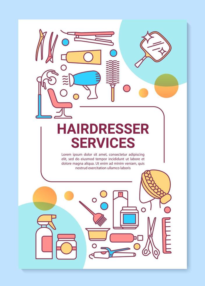 Friseurdienstleistungen Plakatvorlage Layout. Friseursalonwerkzeuge, Verfahren. Banner, Broschüre, Broschürendruckdesign mit linearen Symbolen. Vektorbroschürenseitenlayout für Zeitschriften, Werbeflyer vektor