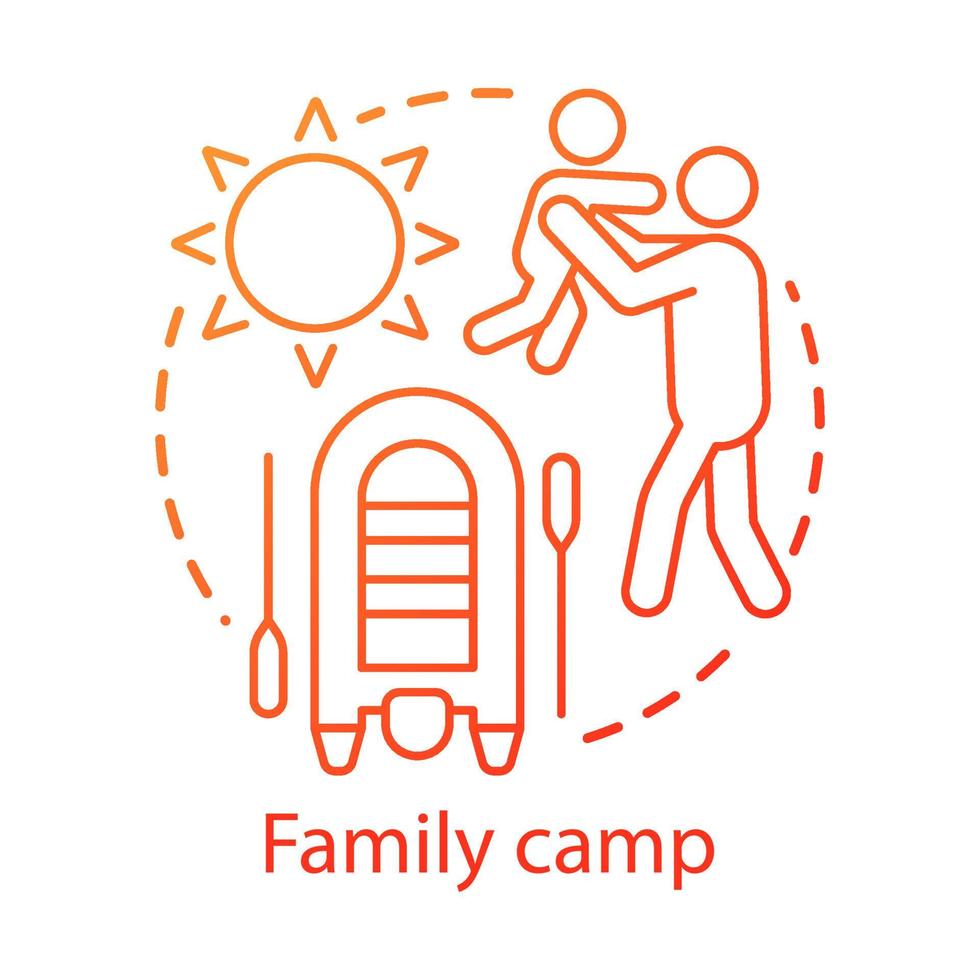 Symbol für das Konzept des Familiencamps. Sommer-Eltern- und Kinderclub, Urlaubsresort-Idee, dünne Linie Illustration. Aktivität für Kinder und Erwachsene, Interesse. Vektor isolierte Umrisszeichnung. bearbeitbarer Strich