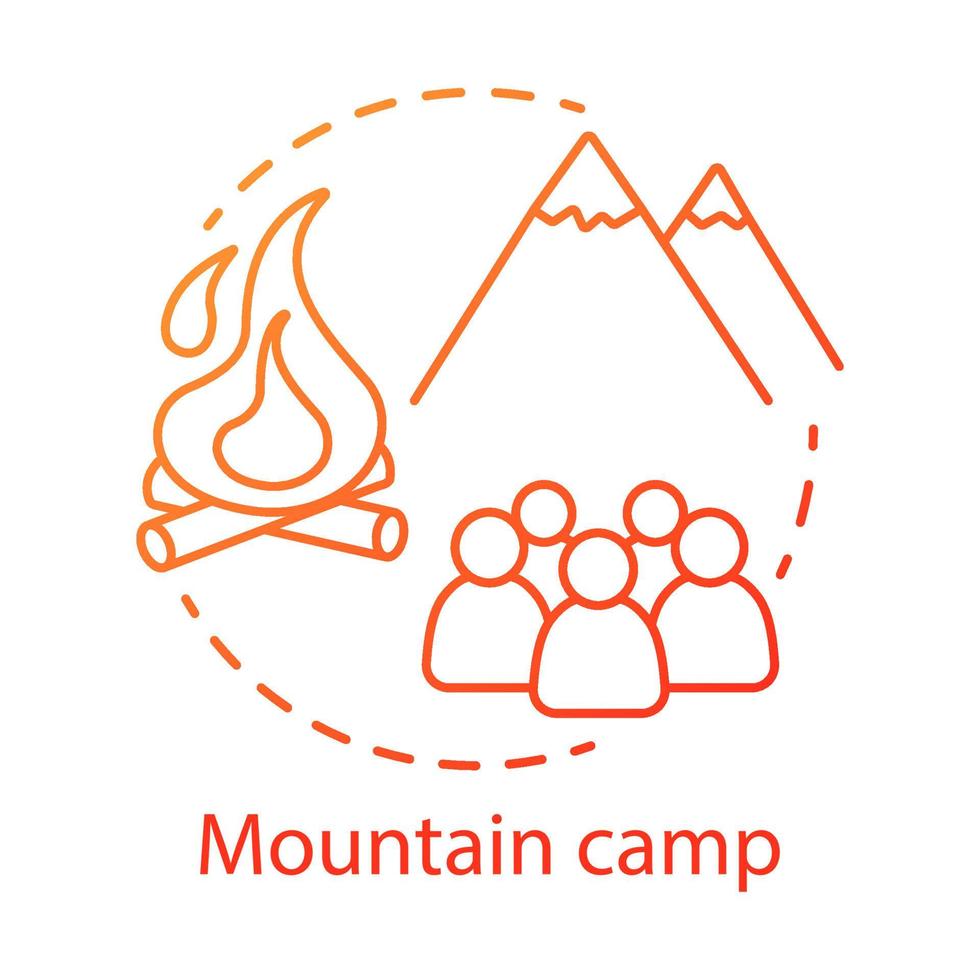 Symbol für das Konzept des Bergcamps. Sommer-Wander- und Campingclub, Urlaubsresort-Idee, dünne Linie Illustration. Reisen in den Bergen, Klettern. Vektor isolierte Umrisszeichnung. bearbeitbarer Strich