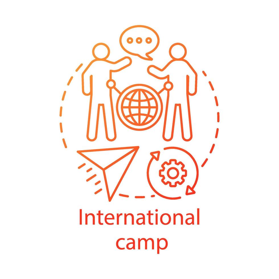 Symbol für internationales Camp-Konzept. neue leute im ausland kennenlernen, fremde kulturen kennenlernen, dünne linienillustration. Reisen rund um den Globus, die Welt. Vektor isolierte Umrisszeichnung. bearbeitbarer Strich