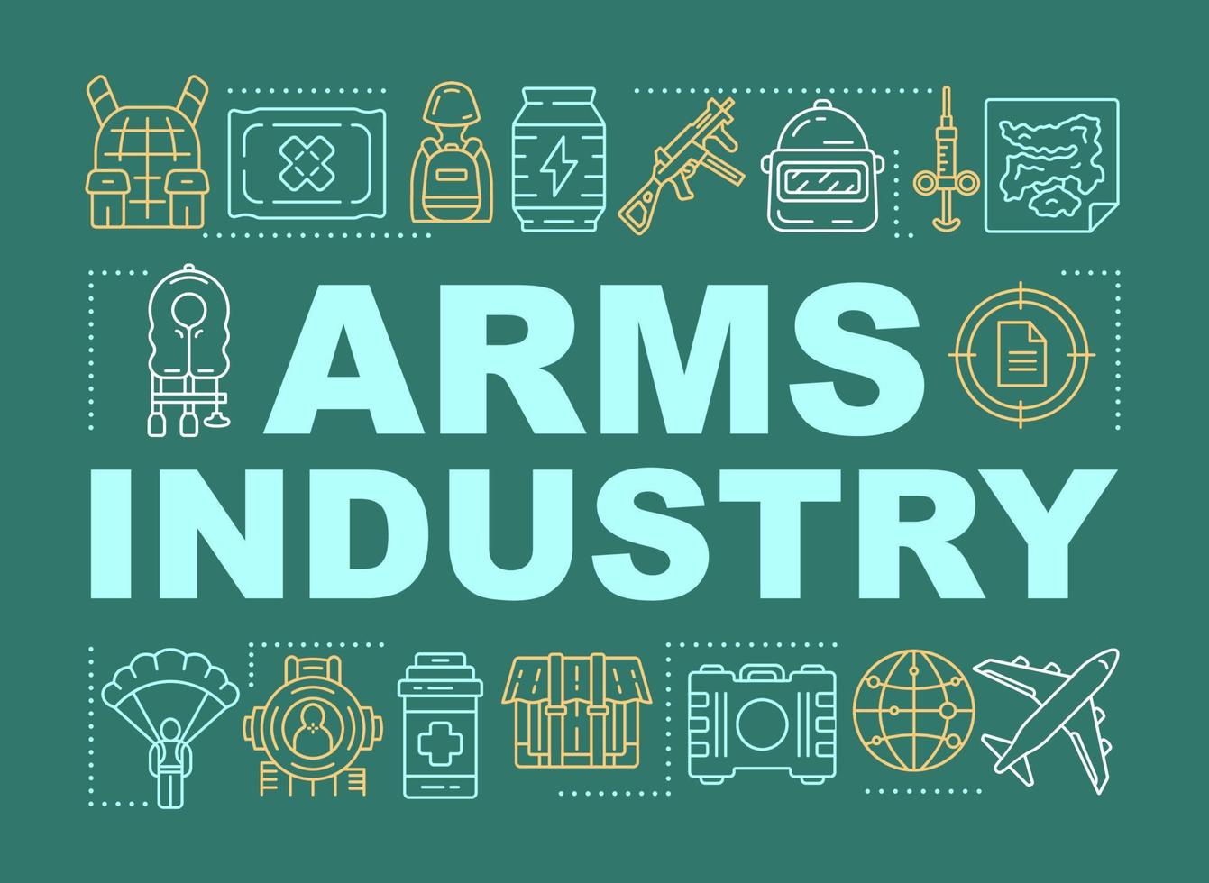 Banner für Wortkonzepte der Waffenindustrie. Militärische Krafttechnik. Soldatenausbildung. Präsentation, Webseite. isolierte Schrifttypografie-Idee mit linearen Symbolen. Vektor-Umriss-Abbildung vektor