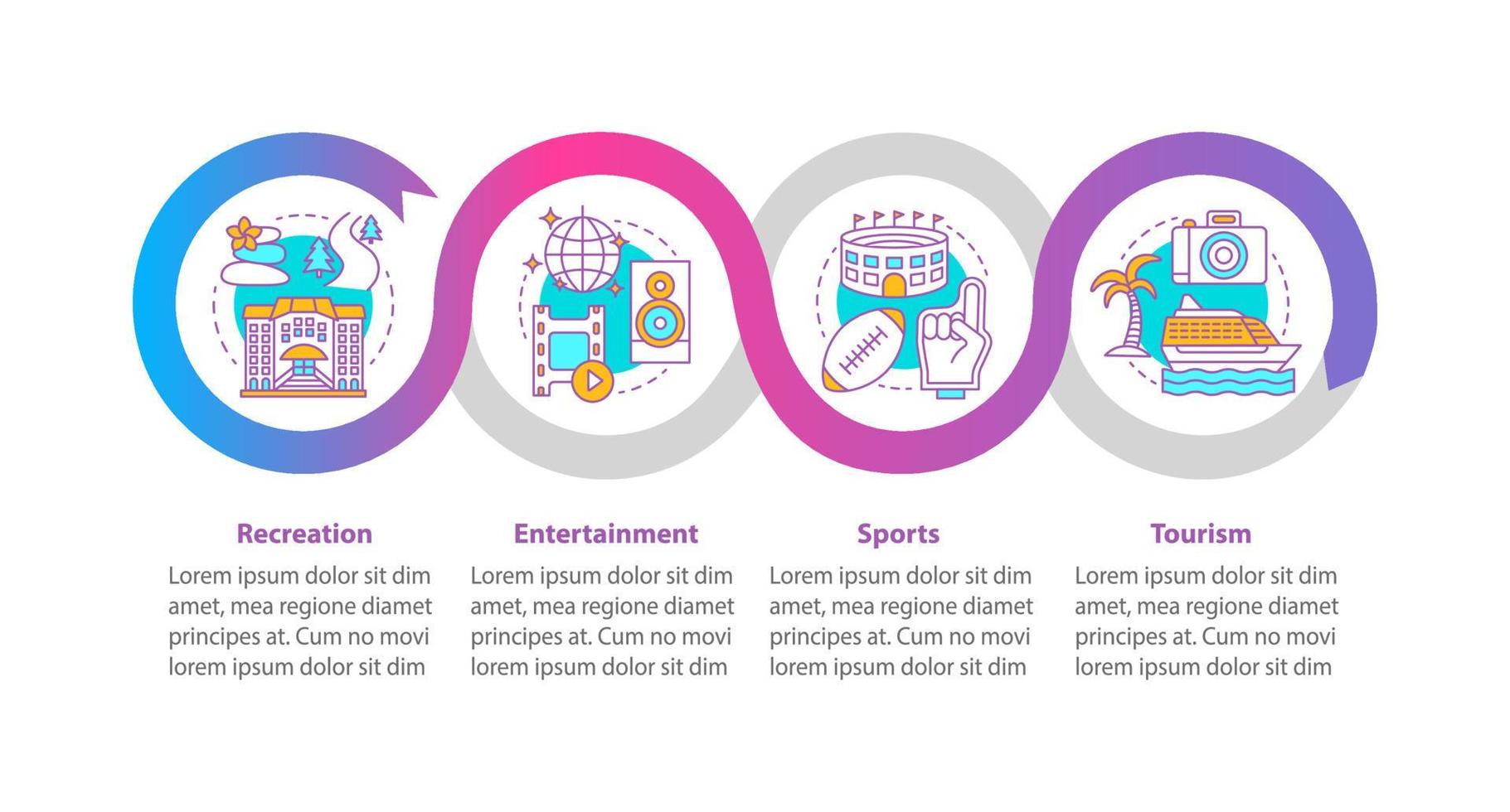 Erholungsindustrien Vektor-Infografik-Vorlage. Designelemente für die Geschäftspräsentation. Datenvisualisierung mit vier Schritten und Optionen. Zeitachsendiagramm des Prozesses. Workflow-Layout mit linearen Symbolen vektor