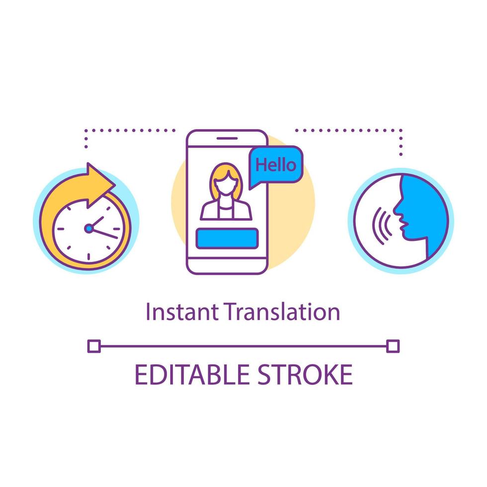 Symbol für das Konzept der Übersetzungsdienste. Instant Interpretation Anwendung Idee dünne Linie Illustration. Sofortübersetzer, Online-Dolmetscher. Vektor isolierte Umrisszeichnung. bearbeitbarer Strich