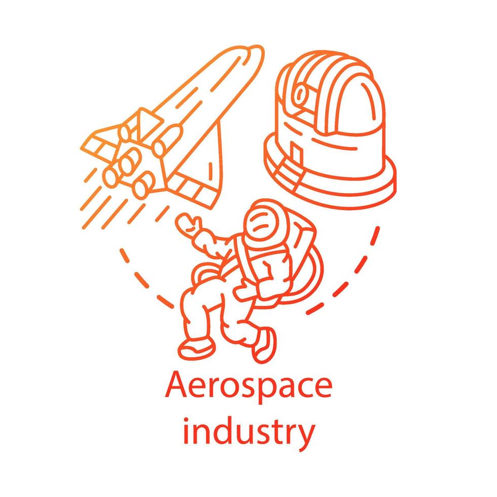 Symbol für das Konzept der Luft- und Raumfahrtindustrie. Weltraumforschung. Raumschiff, Kosmonaut, Observatorium. Kosmos erforschen. Astronautik Idee dünne Linie Abbildung. Vektor isolierte Umrisszeichnung. bearbeitbarer Strich