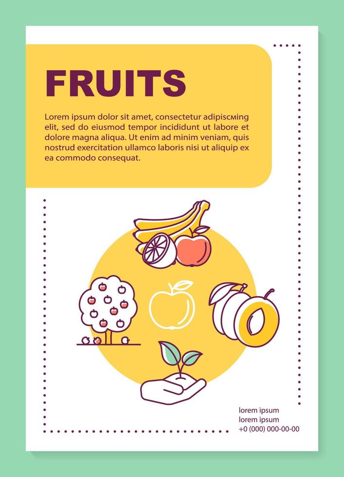 Obstproduktion Poster Vorlagenlayout. Bio-Produkte anbauen. Banner, Broschüre, Broschürendruckdesign mit linearen Symbolen. Vektorbroschürenseitenlayouts für Zeitschriften, Werbeflyer vektor