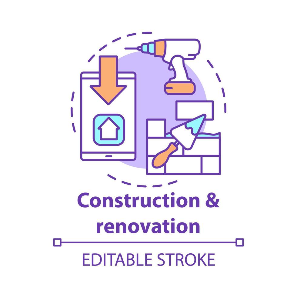 konstruktion och renovering koncept ikon. bostadsreparationstjänst idé tunn linje illustration. borr, smartphone och spackel med tegelstenar vektor isolerade konturritning. redigerbar linje