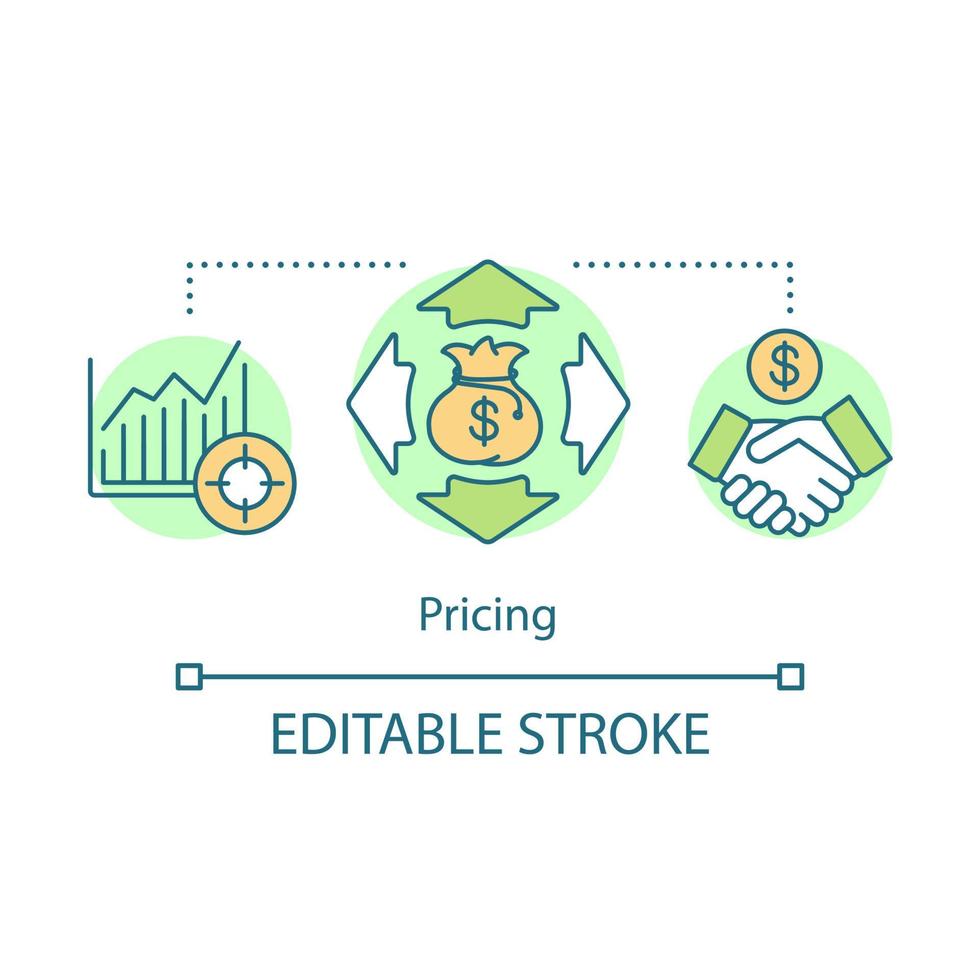 prissättning koncept ikon. on demand ekonomi fördel idé tunn linje illustration. marknadstillväxt, företagskonkurrens. stigande graf, pengar påse och handskakning vektor isolerade konturritning. redigerbar linje
