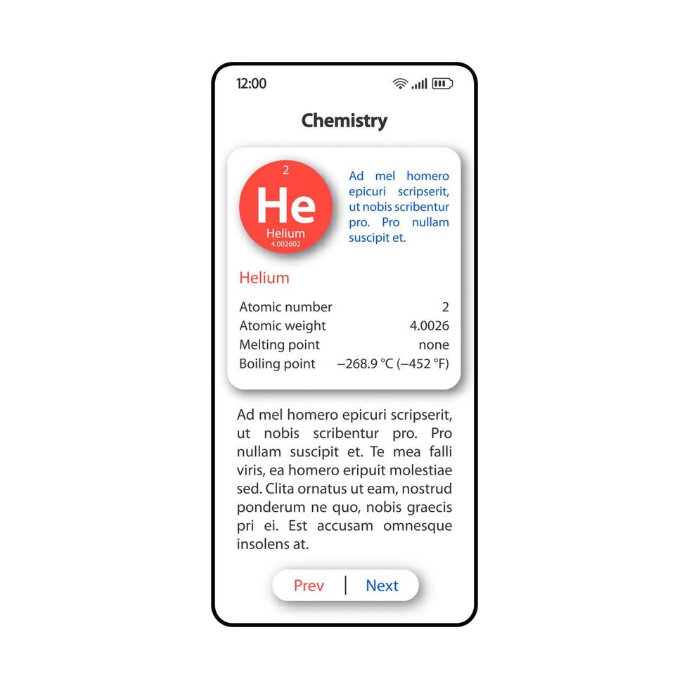 Chemie-Wissenschaft Smartphone-Schnittstelle Vektor-Vorlage. weißes Design-Layout der mobilen App-Seite. Bildschirm zur Beschreibung der chemischen Elemente. flache ui für die anwendung. Telefondisplay für Schulfach vektor