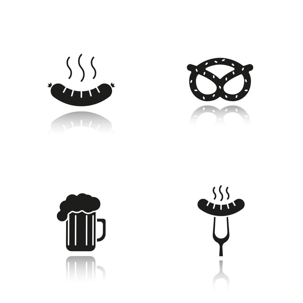 Biersnacks Schlagschatten schwarze Symbole gesetzt. dampfende Wurst auf Gabel, Bratwurst, Brezel, schaumiges Bierglas. isolierte vektorillustrationen vektor