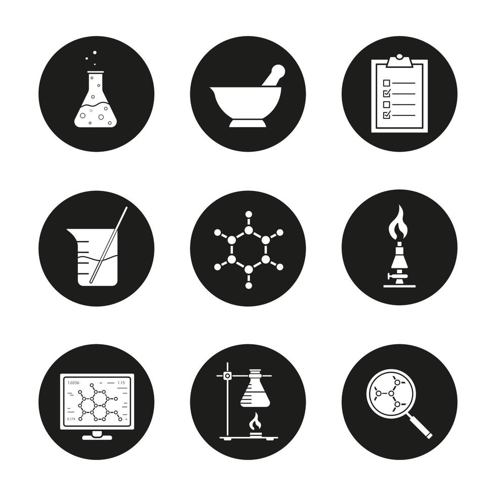 kemiska laboratorieikoner. kemisk reaktion, mortel och pistel, testchecklista, bägare med stång, molekylstruktur, labbrännare, kolv. vektor vita silhuetter illustrationer i svarta cirklar