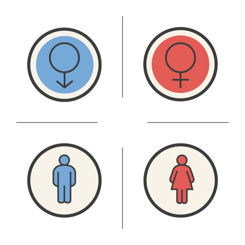 Geschlechtersymbole. Farbsymbole gesetzt. mann und frau wc toilettentürschilder. isolierte vektorillustrationen vektor