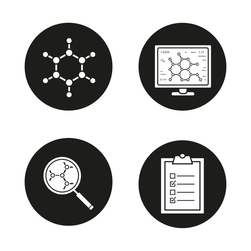 Wissenschaftslaborikonen eingestellt. Molekül, Laborcomputer, Molekularstrukturanalyse, Checkliste für Tests. Vektorgrafiken von weißen Silhouetten in schwarzen Kreisen vektor