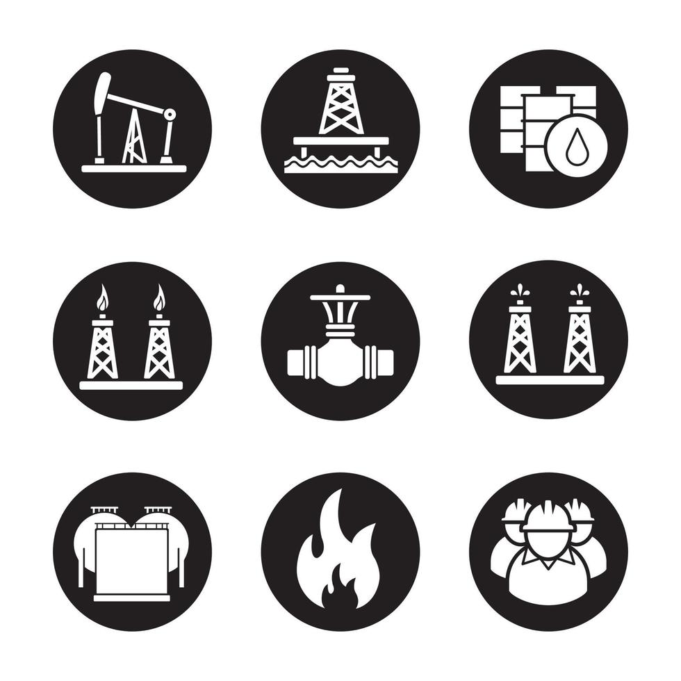 oljeindustrin ikoner set. pumpjack, fat, rörventil, gas- och bränsleproduktionsplattformar, oljereservoar, brandfarlig skylt, industriarbetare. vektor vita silhuetter illustrationer i svarta cirklar