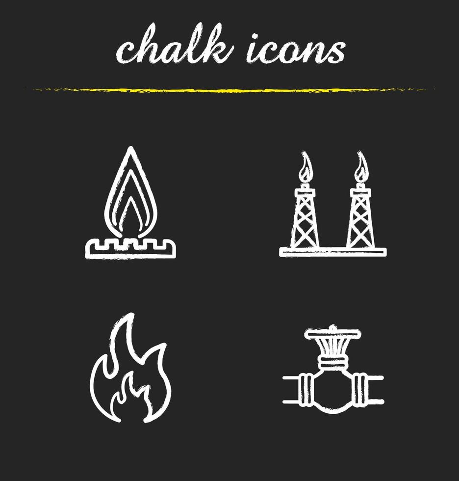 Gasindustrie Kreide Icons Set. Rohrleitungsventil, brennbares Schild, Gasplattform und Brenner. isolierte tafel Vektorgrafiken vektor