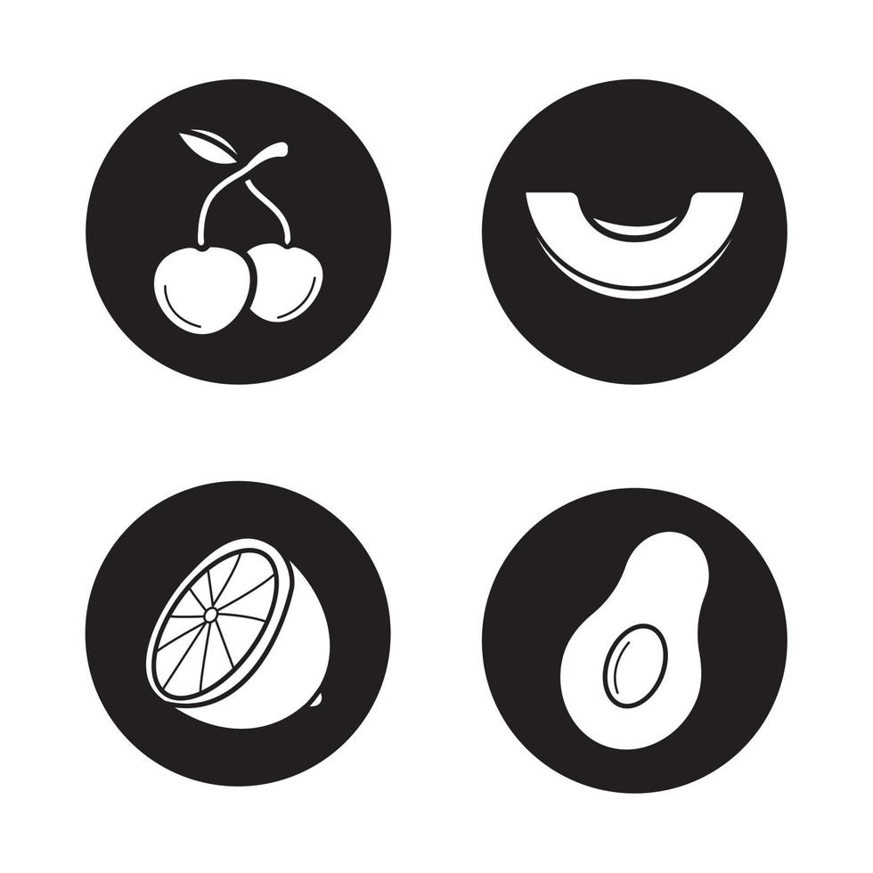 frukt ikoner set. körsbär, melonskiva, citronhalva, öppen avokado. vektor vita silhuetter illustrationer i svarta cirklar