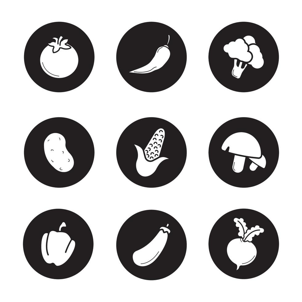 grönsaker ikoner set. tomat, varm chilipeppar, broccoli, potatis, majs, svamp, rödbetor, paprika, aubergine, majs, kålrot. vektor vita silhuetter illustrationer i svarta cirklar