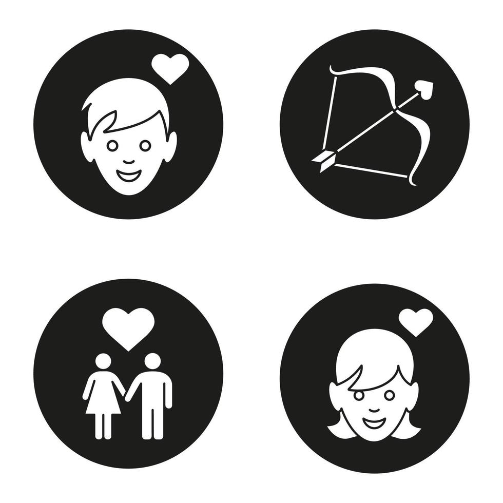 Valentinstag-Icons gesetzt. verliebter Junge und Mädchen, Mann und Frau, die Händchen halten, Pfeil und Bogen des Amors. Vektorgrafiken von weißen Silhouetten in schwarzen Kreisen vektor