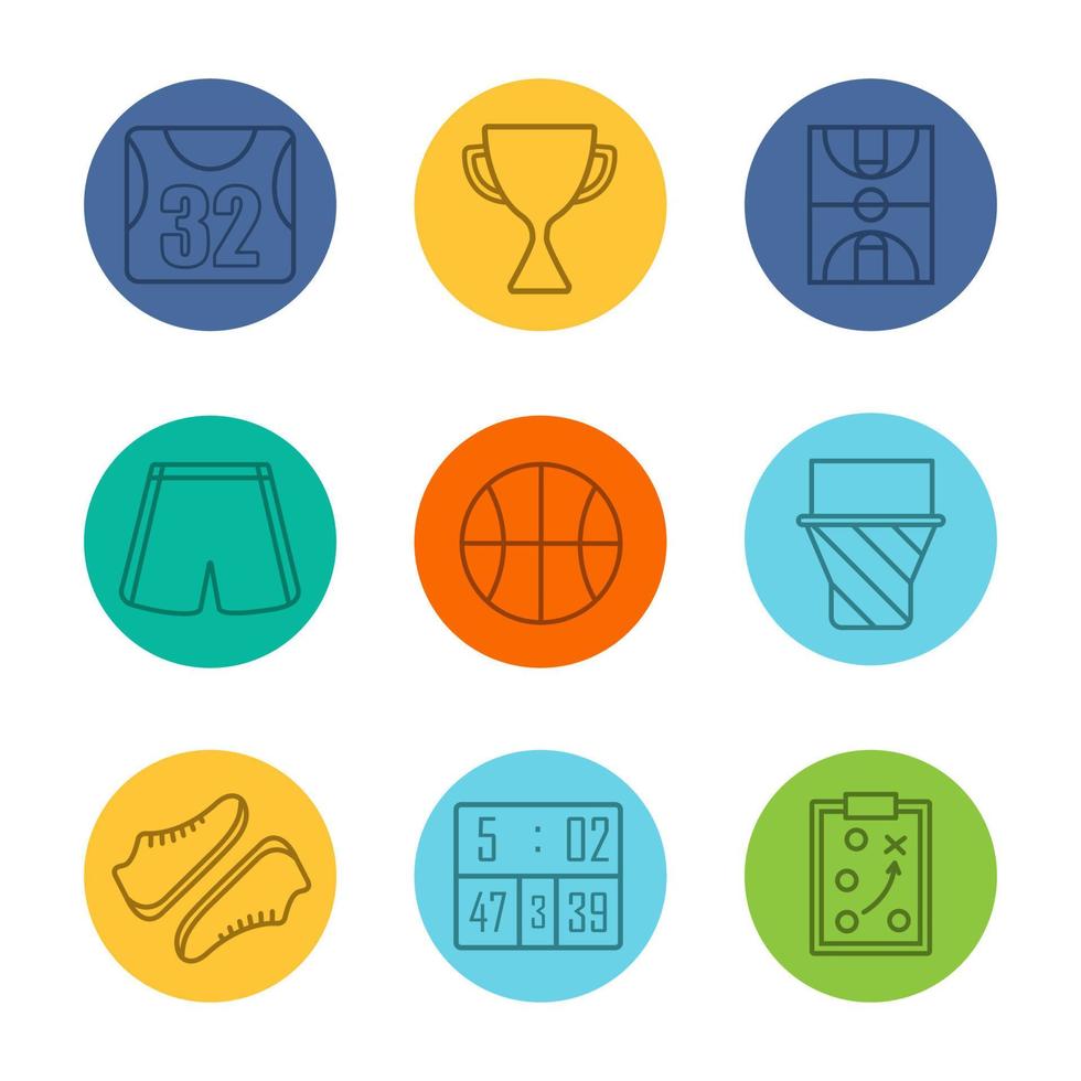 Basketball-Ausrüstung lineare Symbole gesetzt. Shirt, Trophäe, Feld, Shorts, Ball, Reifen, Schuhe, Anzeigetafel, Spielplan. dünne Linienkontursymbole auf Farbkreisen. Vektorgrafiken vektor