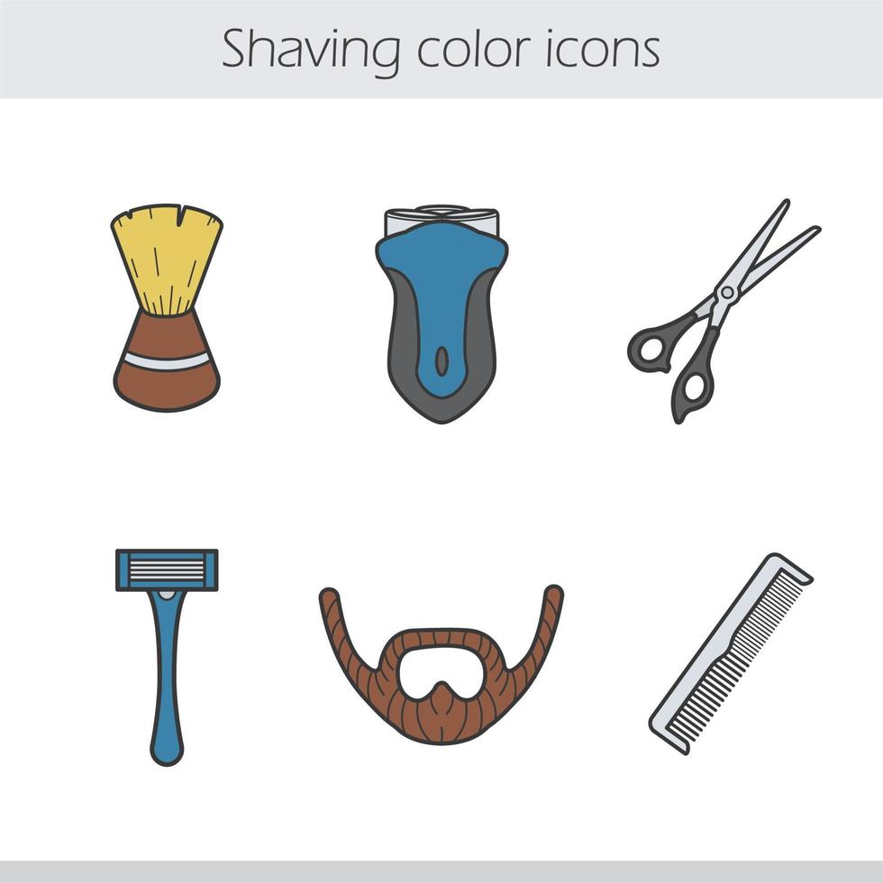 rakning färg ikoner set. rakborste, elektrisk rakapparat, rakhyvel, skägg, sax och kam. tillbehör till frisörsalongen. vektor isolerade illustrationer