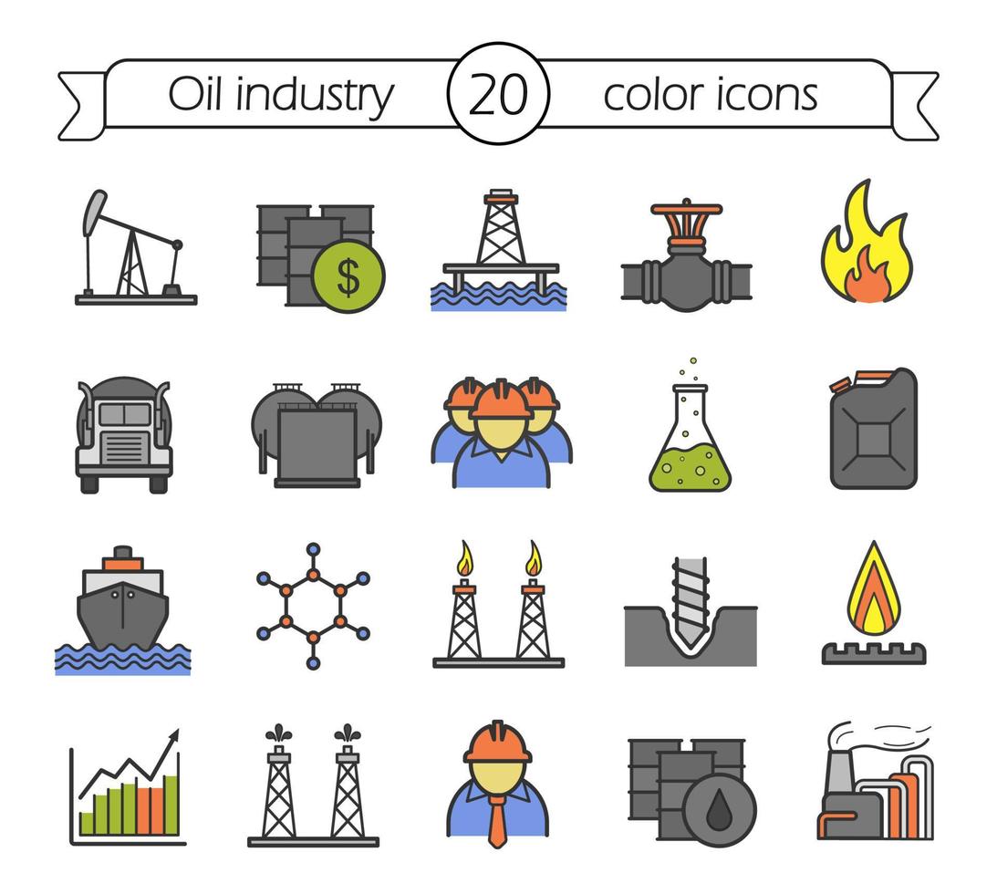 oljeindustrin färg ikoner set. oljeplattform, tankfartyg, lager, arbetare, fat, lastfartyg, gasledning, låga, bensinhandel, borr. vektor isolerade illustrationer