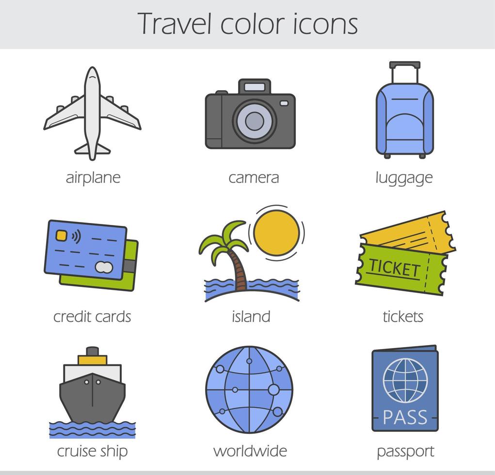 resande färg ikoner set. flygplan, kamera, lugagge, kreditkort, ö, biljetter, kryssningsfartyg, världsomspännande och passsymboler. vektor isolerade illustrationer