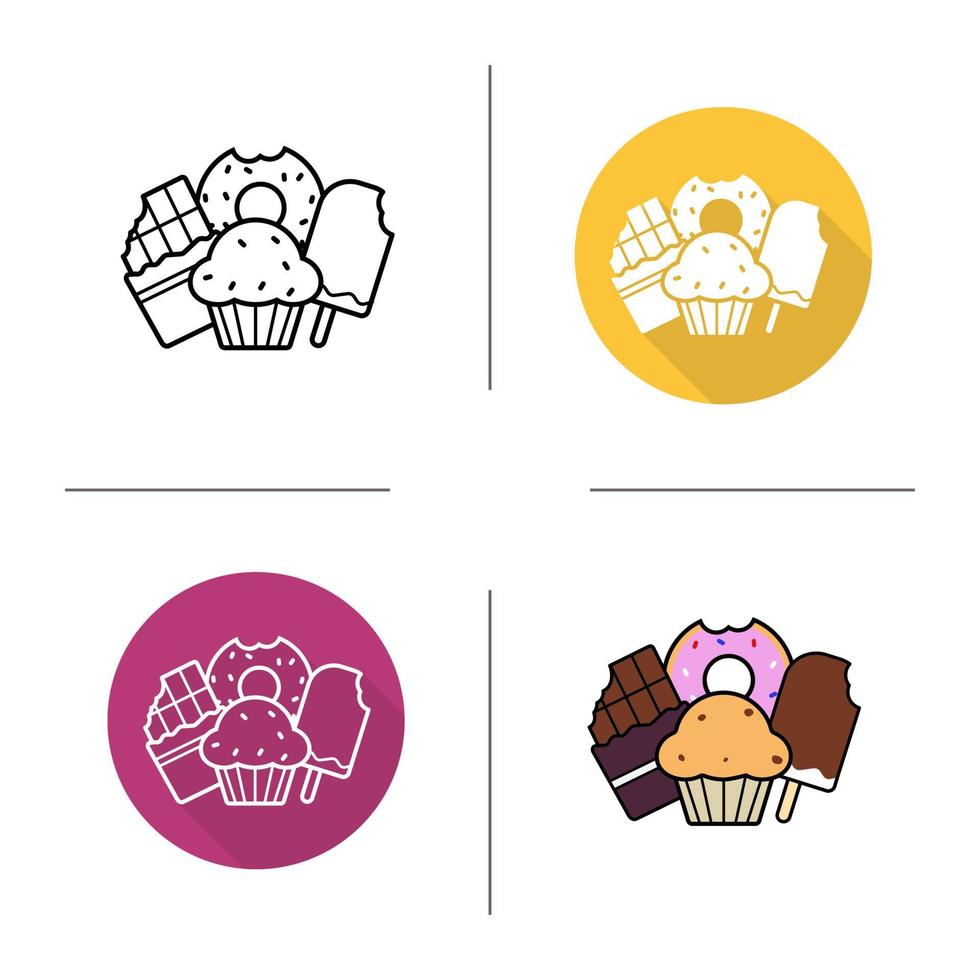 konfektyr ikon. platt design, linjär och färgstilar. glaserad munk, biten chokladkaka, cupcake och glass. isolerade vektorillustrationer vektor