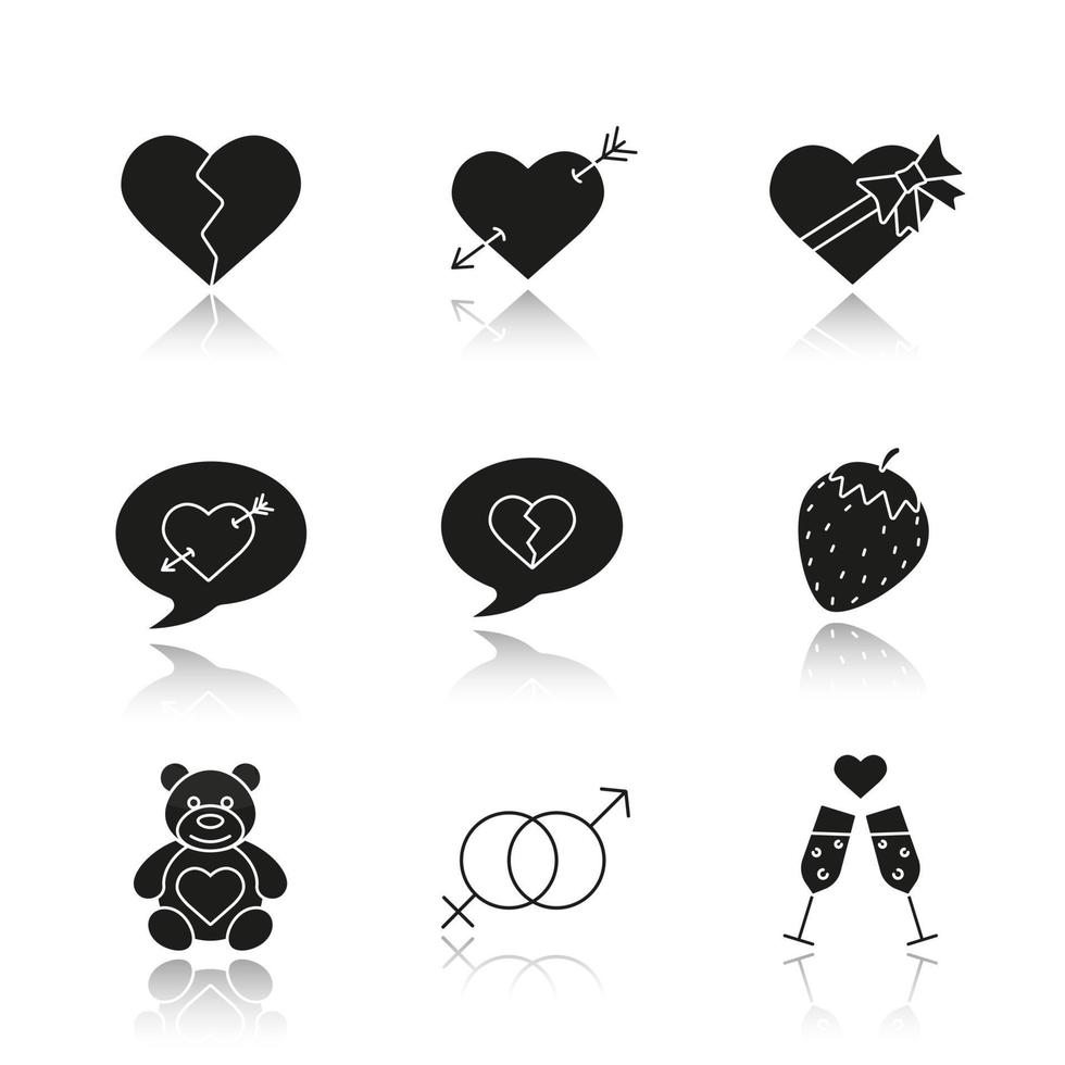 Valentinstag Schlagschatten schwarze Symbole gesetzt. Herzschmerz, Liebesbotschaften, Sex und erotische Symbole, Champagner, Teddybär, pfeildurchdringendes Herz, Pralinenschachtel. isolierte vektorillustrationen vektor