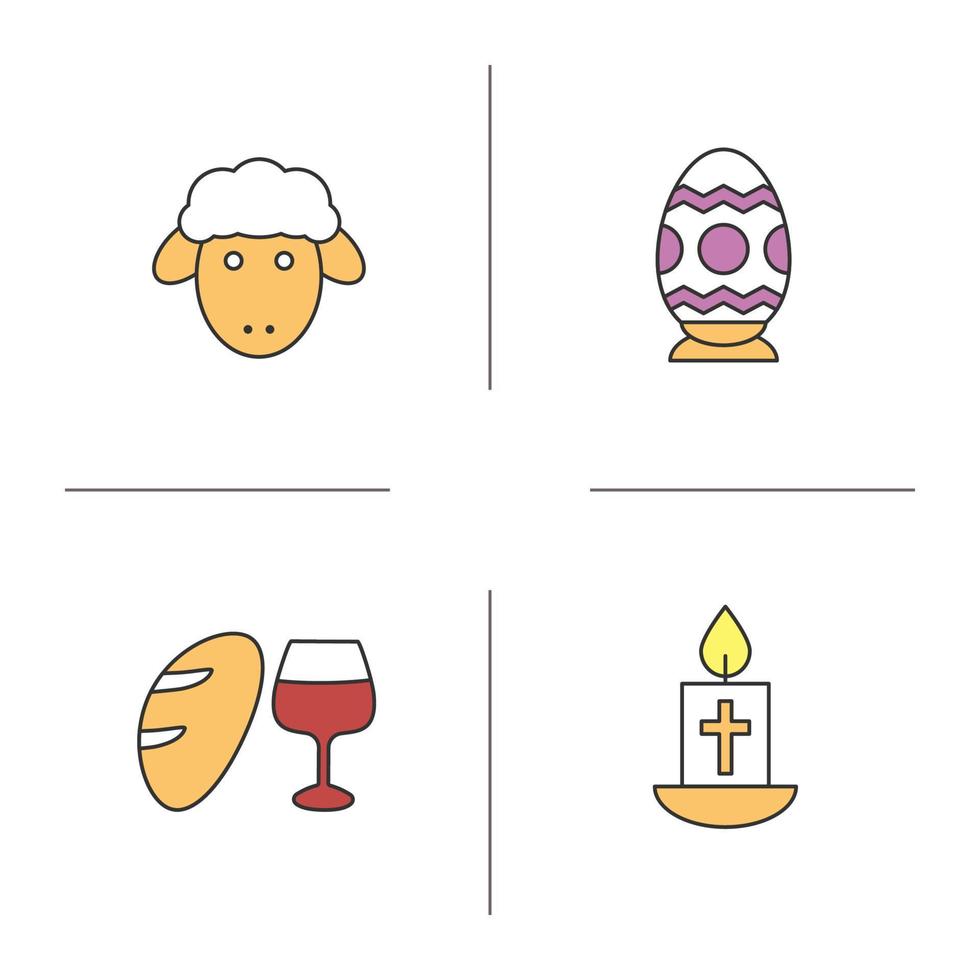 påsk färg ikoner set. påskägg, lamm, ljus med kors, bröd och vin. isolerade vektorillustrationer vektor