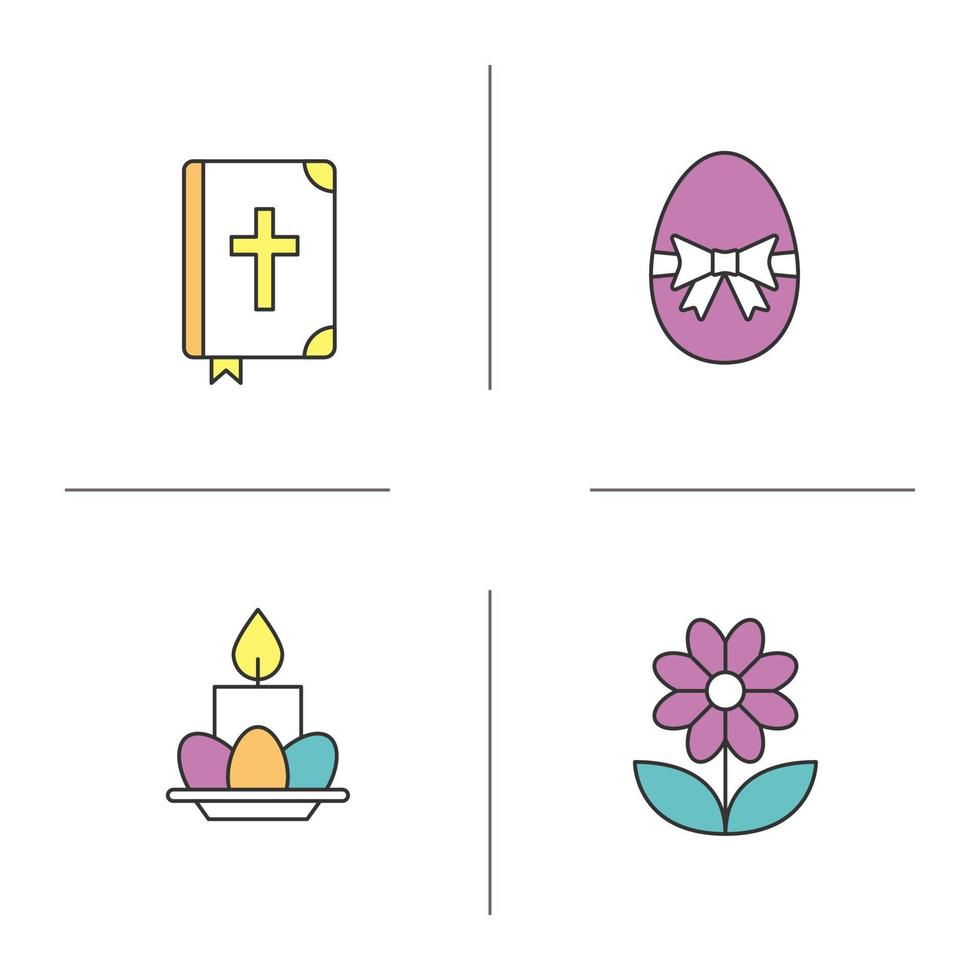 påsk färg ikoner set. Bibeln, påskägg med rosett och band, viol, ägg och ljus på tallrik. isolerade vektorillustrationer vektor