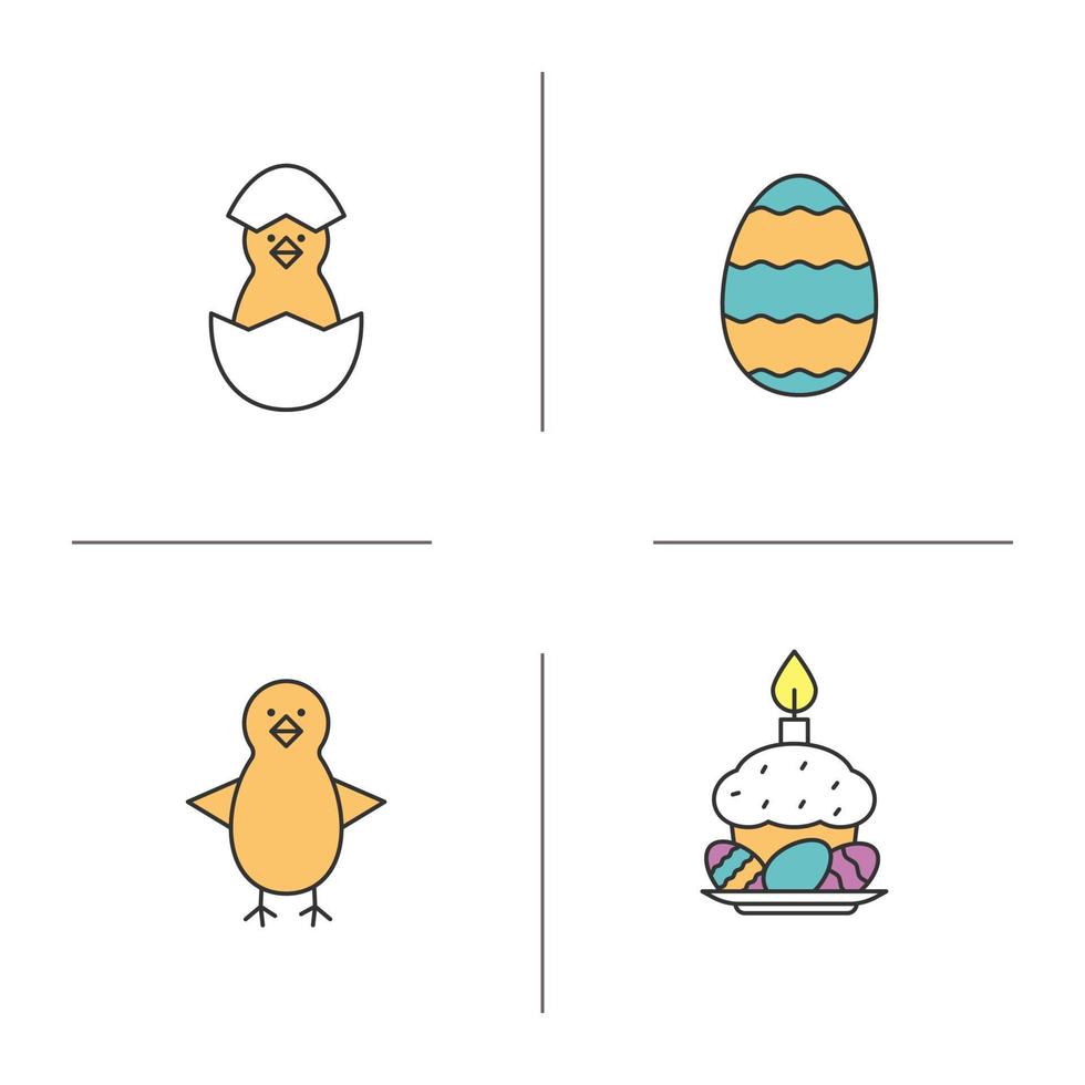 påsk färg ikoner set. nyfödda kycklingar, påskägg, tårta och ljus. isolerade vektorillustrationer vektor