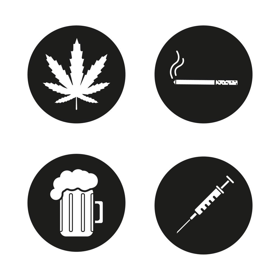 Symbole für schlechte Gewohnheiten gesetzt. Marihuanablatt, Zigarette mit Rauch, Spritze, schaumiges Bierglas. Drogen-, Rauch- und Alkoholsucht. Vektorgrafiken von weißen Silhouetten in schwarzen Kreisen vektor