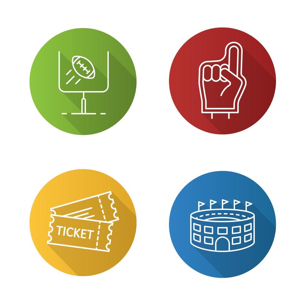 amerikansk fotboll platt linjär lång skugga ikoner set. skum finger, spelbiljetter, baseball arena, mål tecken. vektor linje illustration