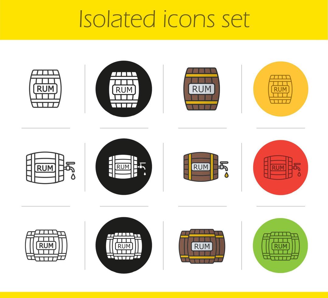 Rumfässer Symbole gesetzt. lineare, schwarze und farbige Stile. Rumfässer aus Holz mit Hahn und Tropfen. isolierte vektorillustrationen vektor
