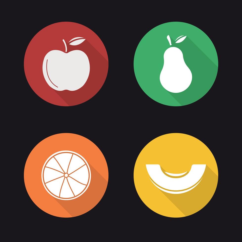 frukt platt design lång skugga ikoner set. äpple, päron, apelsin, melonskiva. vektor siluett illustration