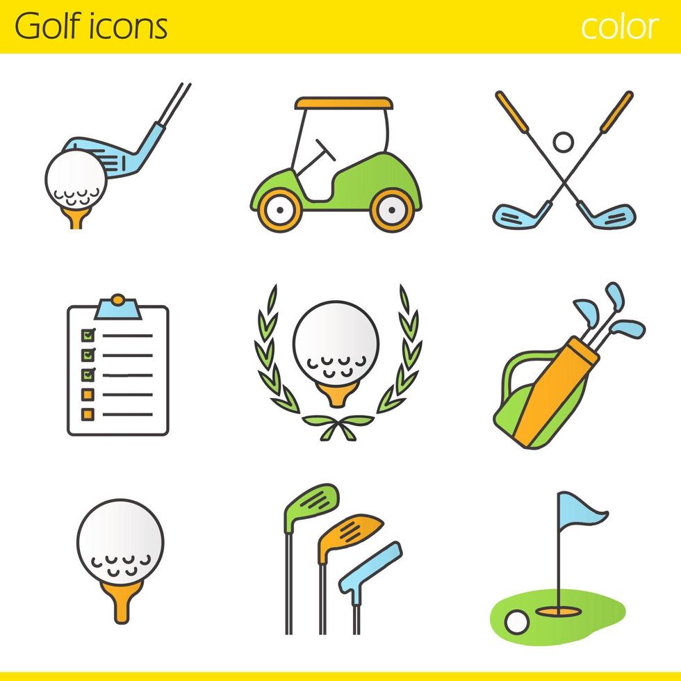 golf färg ikoner set. boll på tee, golfbil, klubbor, golfspelares checklista, mästerskapssymbol, väska, bana, flaggstång i hål. isolerade vektorillustrationer vektor