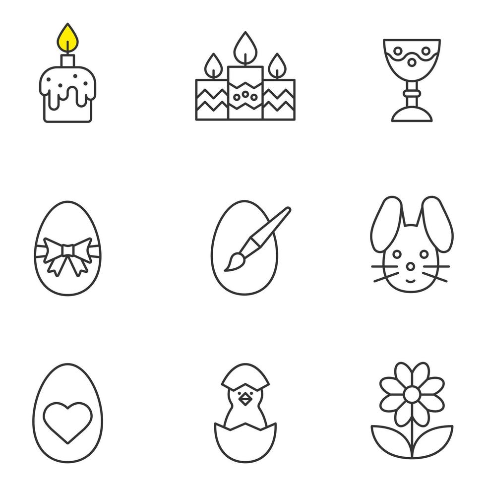 Ostern lineare Symbole gesetzt. Kerzen, Osterhase und Eier, Kamille, Becher, neugeborenes Huhn. dünne Linienkontursymbole. isolierte vektorillustrationen vektor